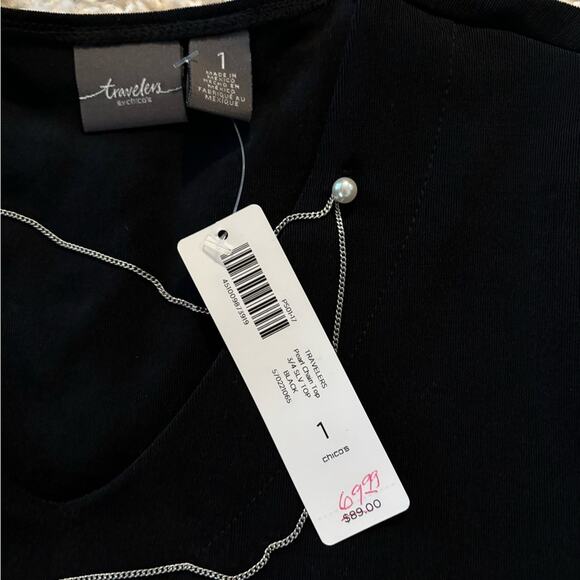 Travelers by Chico's Black 3/4 Sleeve Blouse with Necklace Attached Size 1 - Picture 4 of 6